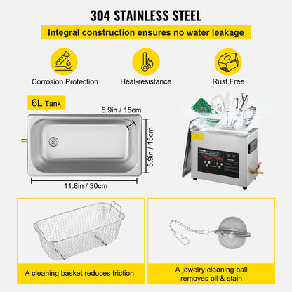 6L uppgraderad ultraljudsrengörare (400W värmare, 180W ultraljud) Professionell digital ultraljudsrengörare för labb med värmetimer för rengöring av smycken, glasögon och instrument