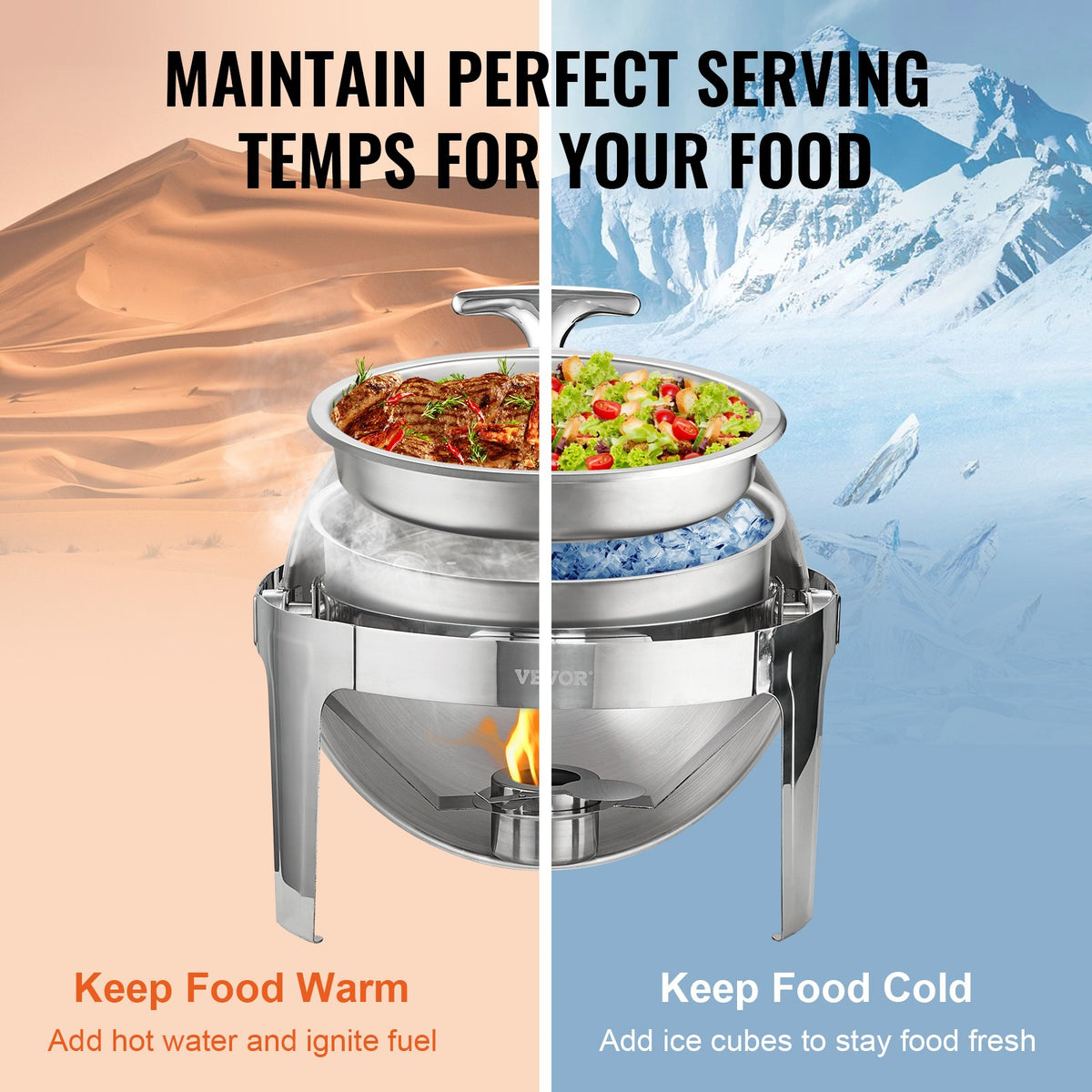 Bufféset med roll top, 6 liter, 2-pack, rostfritt stål chafing dish med 2 fullstora kastruller, rund cateringvärmare med lock, vattenkastrullställ, bränslehållare, för minst 5 personer