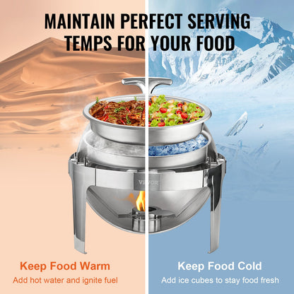 Bufféset med roll top, 6 liter, 2-pack, rostfritt stål chafing dish med 2 fullstora kastruller, rund cateringvärmare med lock, vattenkastrullställ, bränslehållare, för minst 5 personer
