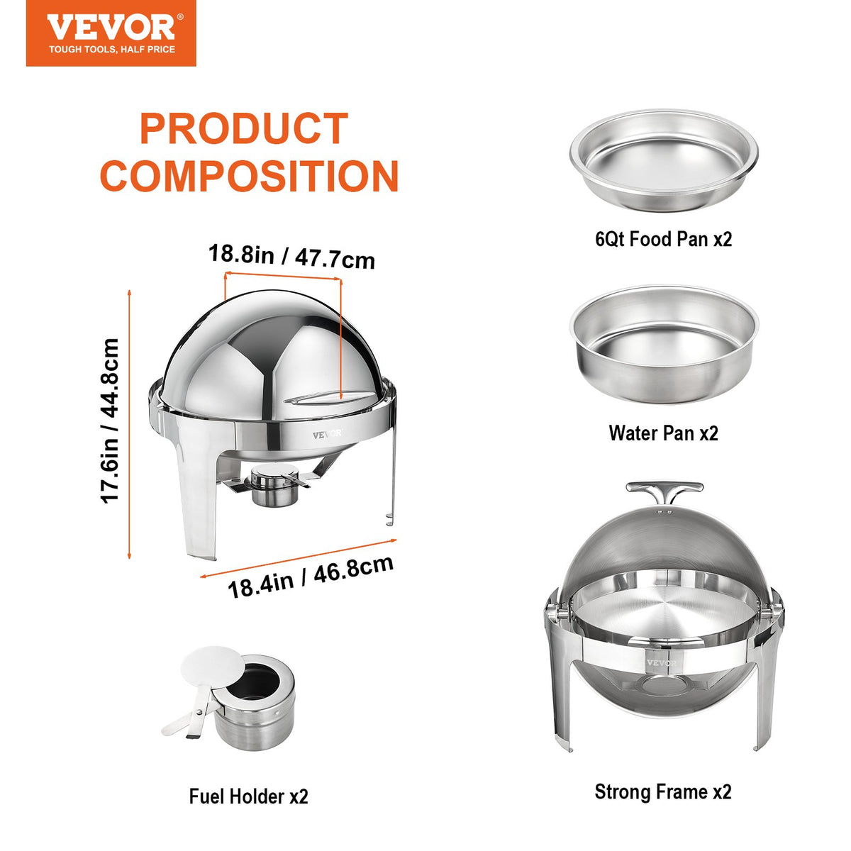 Bufféset med roll top, 6 liter, 2-pack, rostfritt stål chafing dish med 2 fullstora kastruller, rund cateringvärmare med lock, vattenkastrullställ, bränslehållare, för minst 5 personer