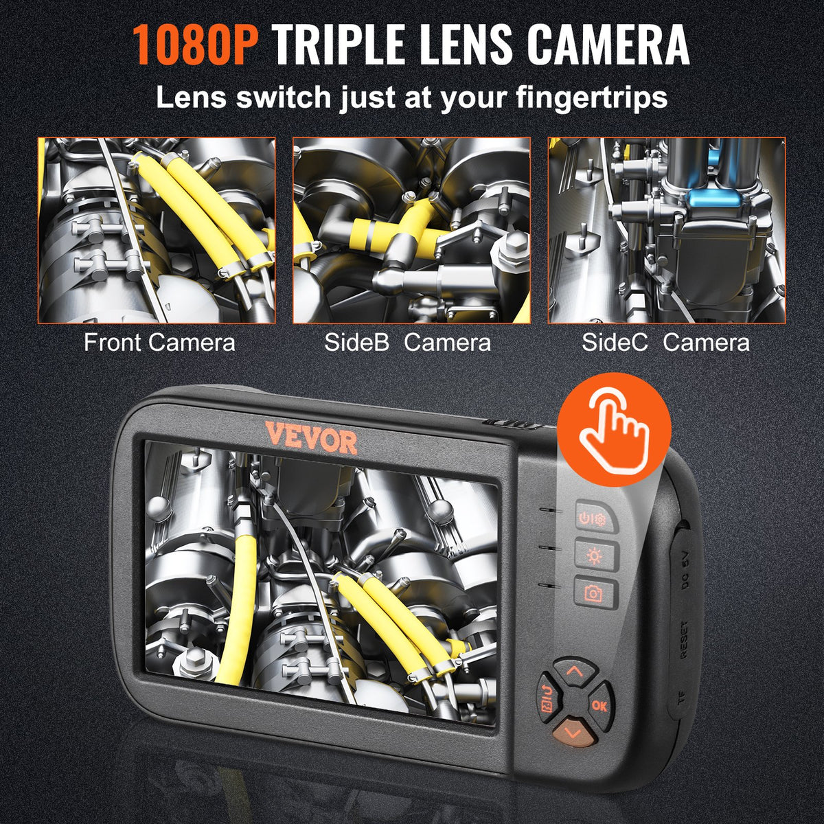 Triple Lens Endoscope Camera, 11.4 cm IPS Screen Borescope Inspection Camera with 1080P Lens, Semi-rigid Snake Cable, 8 Lights, 2860 mAh Battery, Waterproof Endoscope for Auto, Wall, Drain