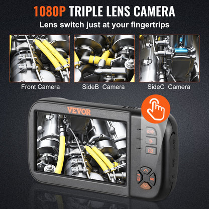 Triple Lens Endoscope Camera, 11.4 cm IPS Screen Borescope Inspection Camera with 1080P Lens, Semi-rigid Snake Cable, 8 Lights, 2860 mAh Battery, Waterproof Endoscope for Auto, Wall, Drain