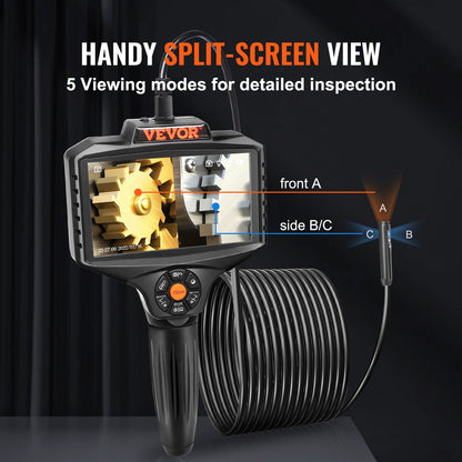 Triple Lens Inspection Camera with Light, 12.7cm IPS Screen Industrial Borescope, 8X Zoom 1080P HD Split Screen, 10 LED Lights Scope Camera for Automotive, Plumbing (5m)