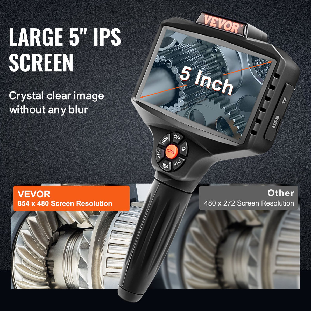 Triple Lens Inspection Camera with Light, 12.7cm IPS Screen Industrial Borescope, 8X Zoom 1080P HD Split Screen, 10 LED Lights Scope Camera for Automotive, Plumbing (5m)