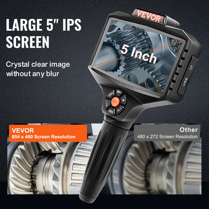 Triple Lens Inspection Camera with Light, 12.7cm IPS Screen Industrial Borescope, 8X Zoom 1080P HD Split Screen, 10 LED Lights Scope Camera for Automotive, Plumbing (5m)