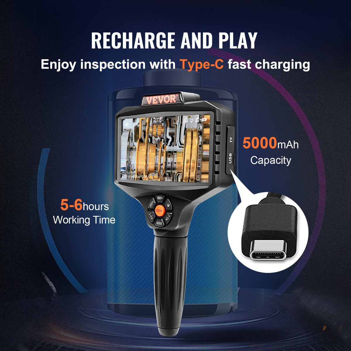 Triple Lens Inspection Camera with Light, 12.7cm IPS Screen Industrial Borescope, 8X Zoom 1080P HD Split Screen, 10 LED Lights Scope Camera for Automotive, Plumbing (5m)