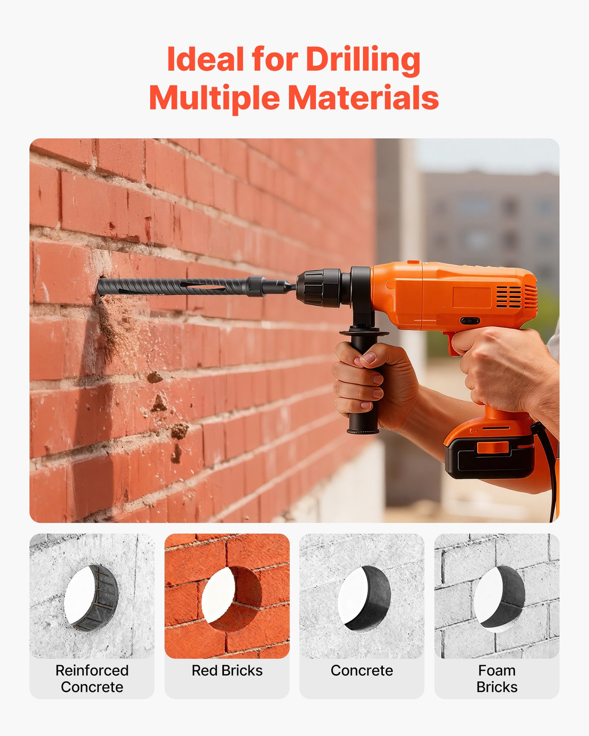 Core Drill Bit, 25 mm Diameter, 241 mm Drilling Depth, M16 Internal Thread, Diamond Dry Coring Bit with 3 Adapters, Pilot Drill and Hex Wrench, for Reinforced Concrete, Red Bricks, and Masonry