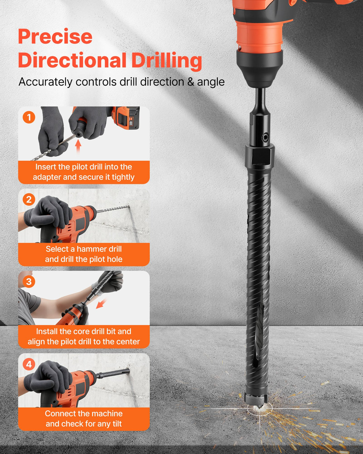 Core Drill Bit, 25 mm Diameter, 241 mm Drilling Depth, M16 Internal Thread, Diamond Dry Coring Bit with 3 Adapters, Pilot Drill and Hex Wrench, for Reinforced Concrete, Red Bricks, and Masonry