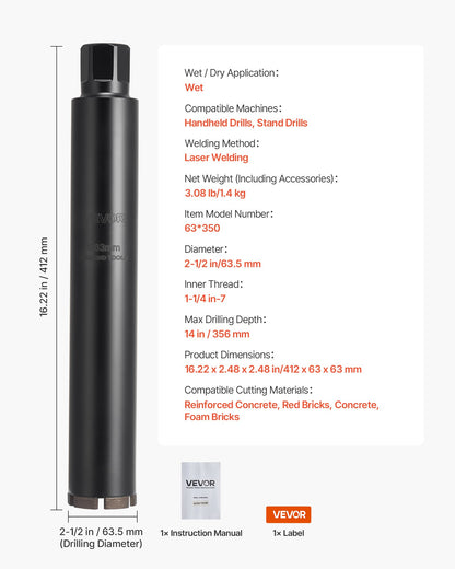 Core Drill Bit, 63.5 mm Diameter, 356 mm Drilling Depth, 1-1/4 in-7 Internal Thread, High-Precision Welding Technology, Wet Diamond Core Bit for Reinforced Concrete, Red Bricks, and Masonry