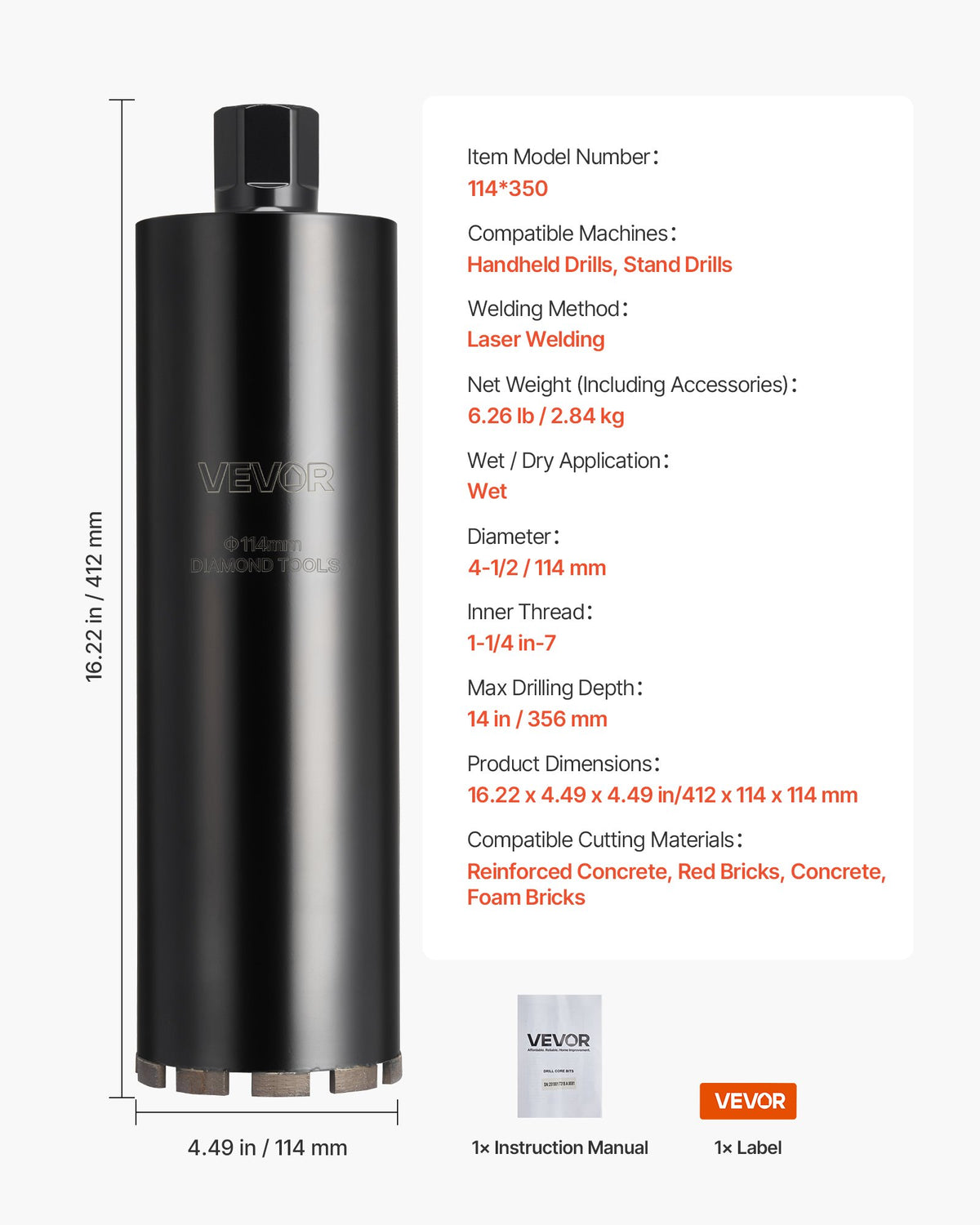Core Drill Bit, 114 mm Diameter, 356 mm Drilling Depth, 1-1/4 in-7 Internal Thread, High-Precision Welding Technology, Wet Diamond Core Bit for Reinforced Concrete, Red Bricks, and Masonry