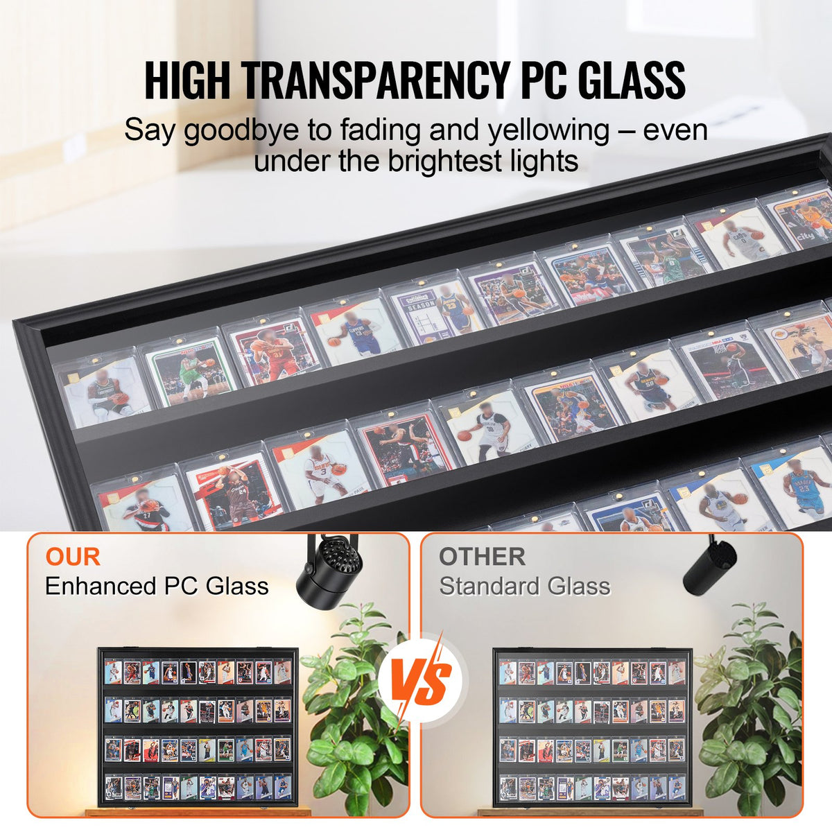 Displayfodral för sportkort med 36 grader, 77,5 x 61,7 x 5,3 cm, basebollkortsdisplayram med 98 % UV-skydd, klar PC-glas, låsbart väggskåp för fotboll, basket, hockey och samlarkort