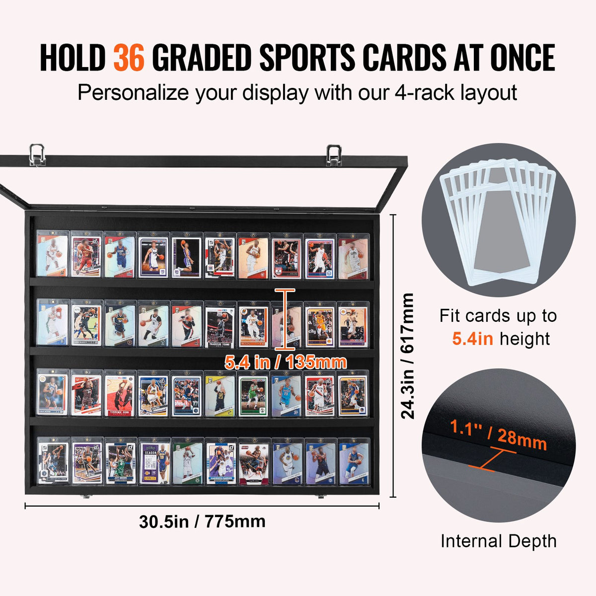 Displayfodral för sportkort med 36 grader, 77,5 x 61,7 x 5,3 cm, basebollkortsdisplayram med 98 % UV-skydd, klar PC-glas, låsbart väggskåp för fotboll, basket, hockey och samlarkort