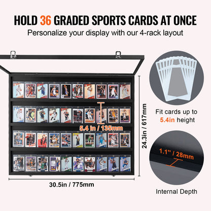 Displayfodral för sportkort med 36 grader, 77,5 x 61,7 x 5,3 cm, basebollkortsdisplayram med 98 % UV-skydd, klar PC-glas, låsbart väggskåp för fotboll, basket, hockey och samlarkort