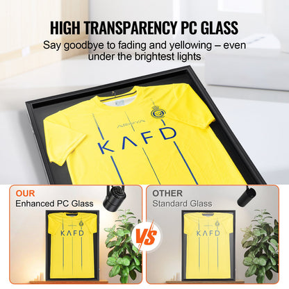 Tröjdisplayram, 590 x 790 x 40 mm (23,3 x 31,2 x 1,5 tum), stor låsbar skugglåda för sporttröjor med 98 % UV-skydd, PC-glas och hängare, för baseboll, basket, fotboll, hockeytröja och uniform