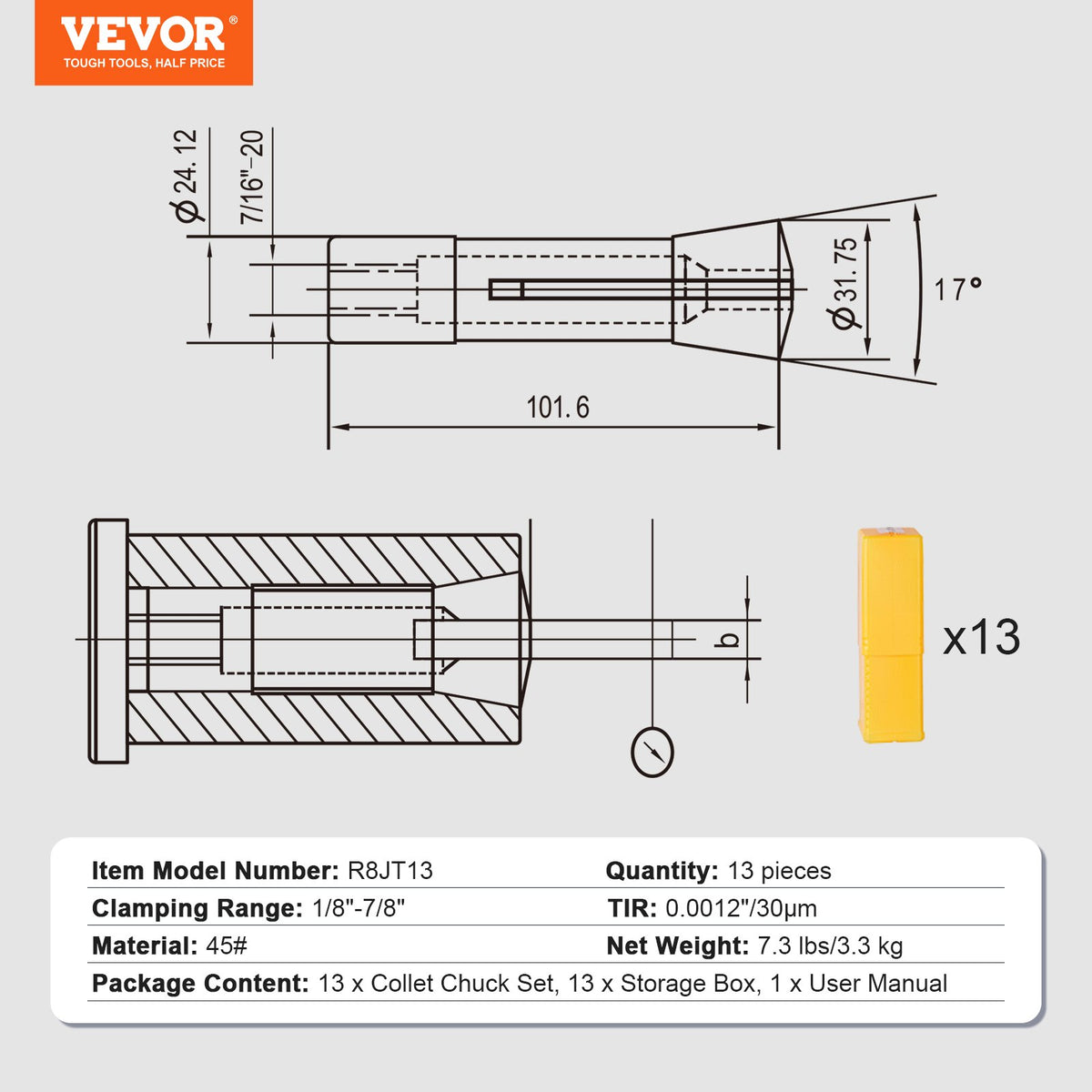 13 delar Precision R8 hylssats, 1/8" - 7/8", 45# fräshylsechuck 0,0012"/30μm TIR med 13 märkta förvaringslådor, för fräsmaskiner, borrpressar, uppborrningsmaskiner, fleroperationscenter