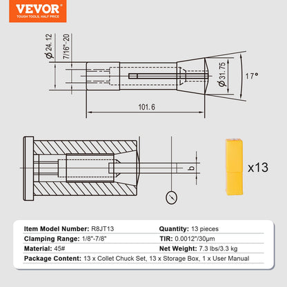 13 delar Precision R8 hylssats, 1/8" - 7/8", 45# fräshylsechuck 0,0012"/30μm TIR med 13 märkta förvaringslådor, för fräsmaskiner, borrpressar, uppborrningsmaskiner, fleroperationscenter