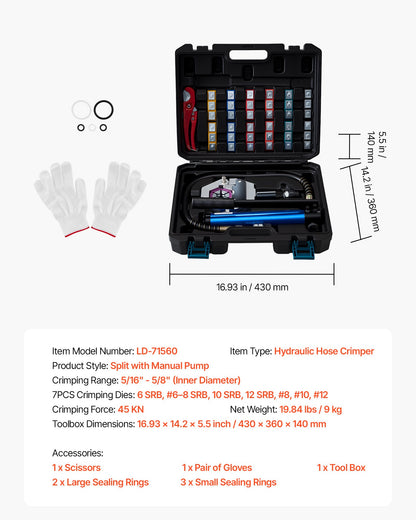Hydraulic Hose Crimper, Hydra-Krimp AC Hose Crimper Kit with 7 Dies Snap-On & Carrying Case, Hydraulic A/C Hoses Crimping Tool for Automotive & Air Conditioning Repair (Split with Manual Pump)