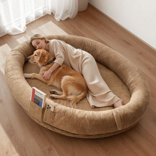 Human Dog Bed, 1770 x 1230 x 240 mm Orthopedic Memory Foam Human Sized Dog Bed, Humans Pet Beds with Side Pocket, Handle & Zipper, Removable Machine-Washable Dogs Beds for Humans, Brown