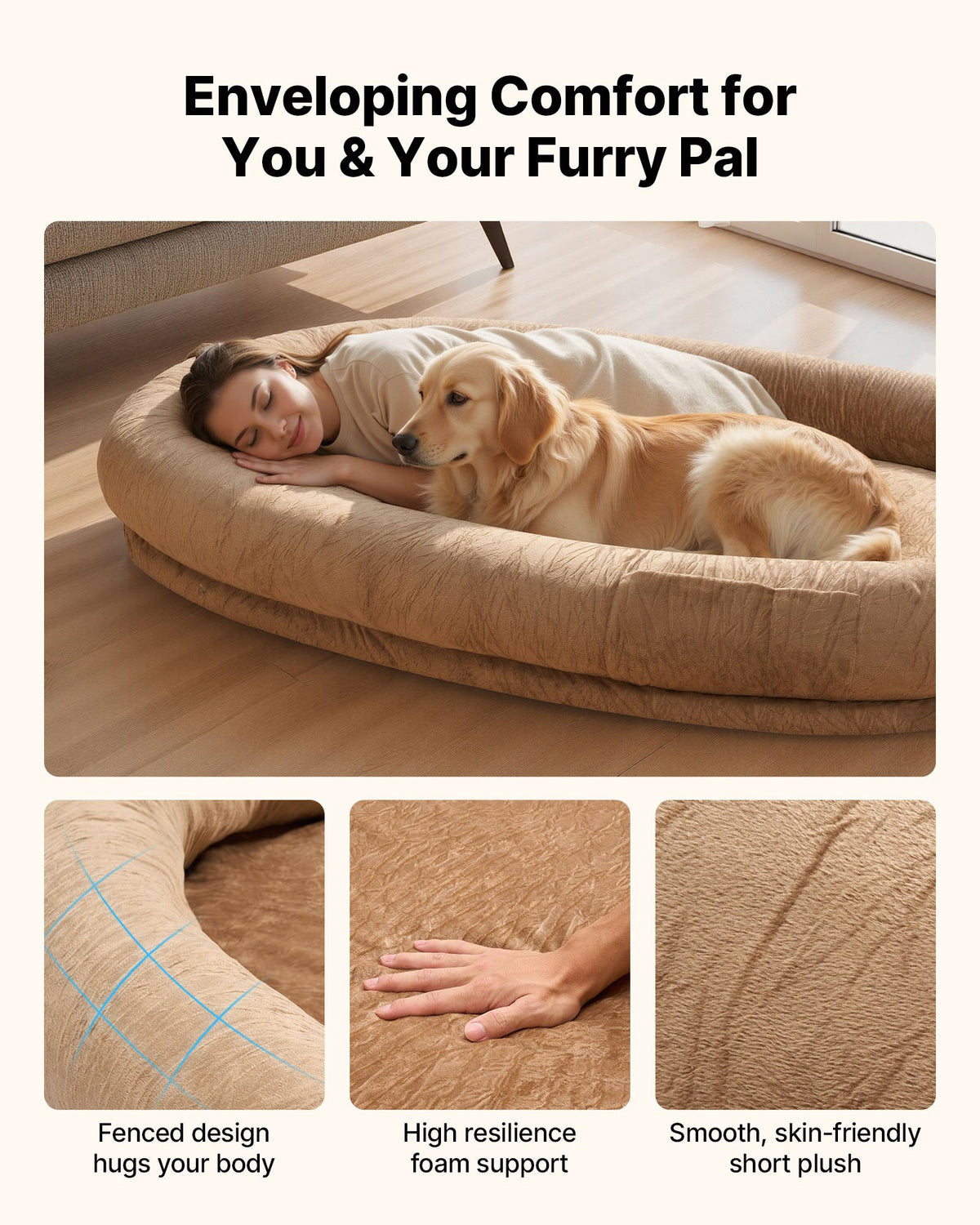 Human Dog Bed, 1770 x 1230 x 240 mm Orthopedic Memory Foam Human Sized Dog Bed, Humans Pet Beds with Side Pocket, Handle & Zipper, Removable Machine-Washable Dogs Beds for Humans, Brown