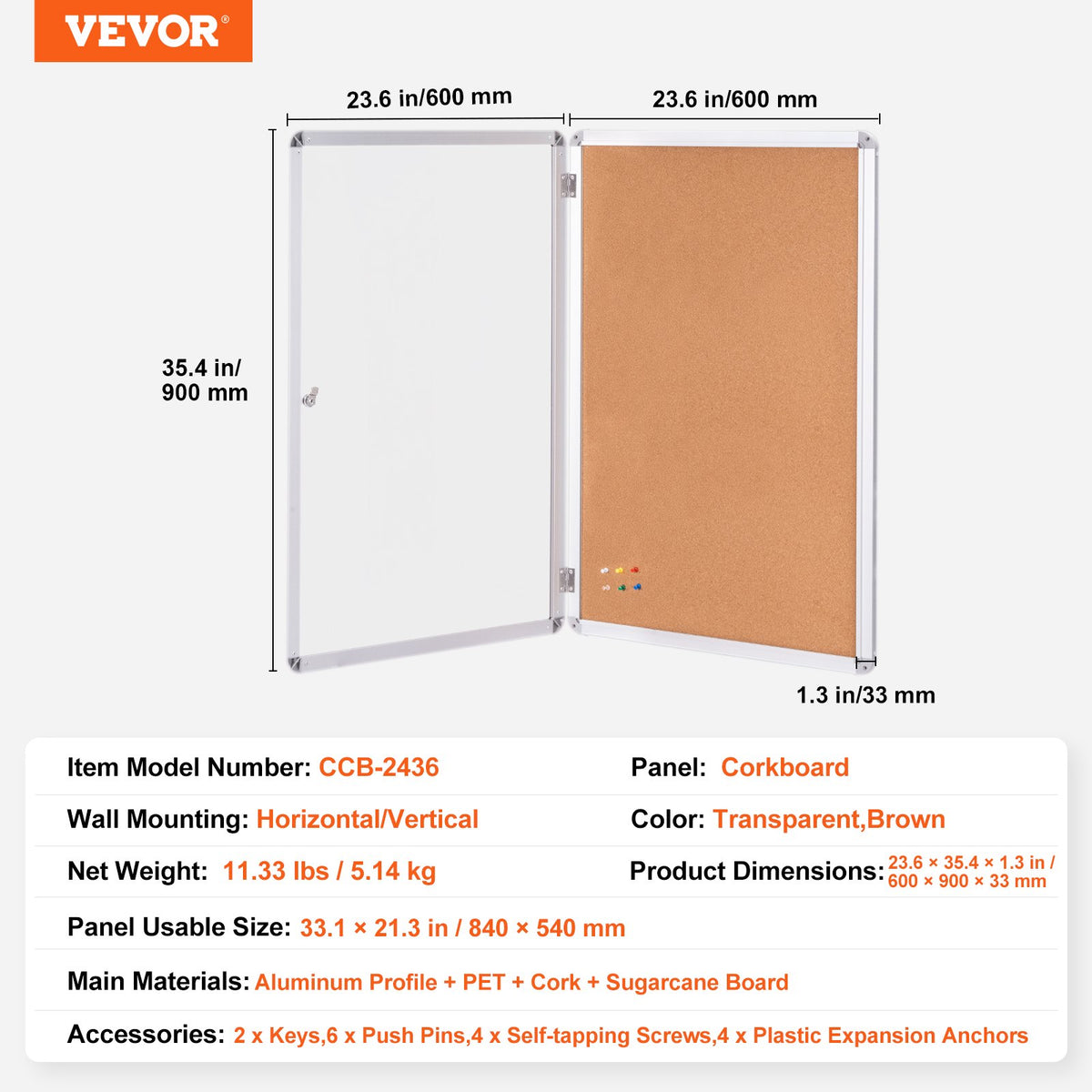 91 x 61 cm sluten korktavla med aluminiumram – Låsbar anslagstavla med akryldörr och 2 nycklar – Väderbeständig väggmonter för skola, hem, kontor