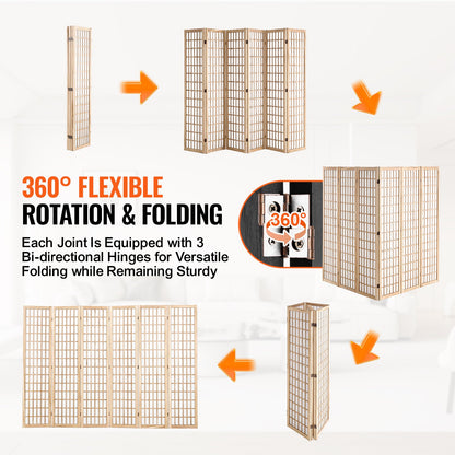Room Divider, 6 Panel Japanese Room Divider, Wood Folding Privacy Screen Indoor, Japanese Partition Dividers Portable Decoration Screens, for Room Separation Home Office Restaurant & Bedroom