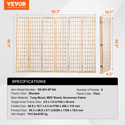 Room Divider, 6 Panel Japanese Room Divider, Wood Folding Privacy Screen Indoor, Japanese Partition Dividers Portable Decoration Screens, for Room Separation Home Office Restaurant & Bedroom