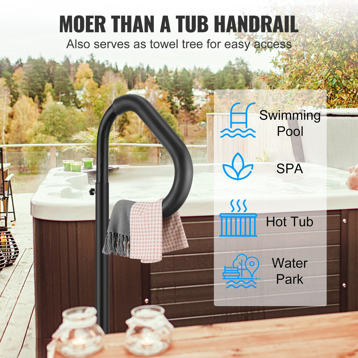 Bubbelpoolräcke, 360 graders roterbart sidoräcke med 48"-63" justerbar höjd, rostfritt aluminiumsteg för spabad, bubbelpoolräcke med undermonterad bas för inomhus- och utomhusbruk, 600 kg kapacitet