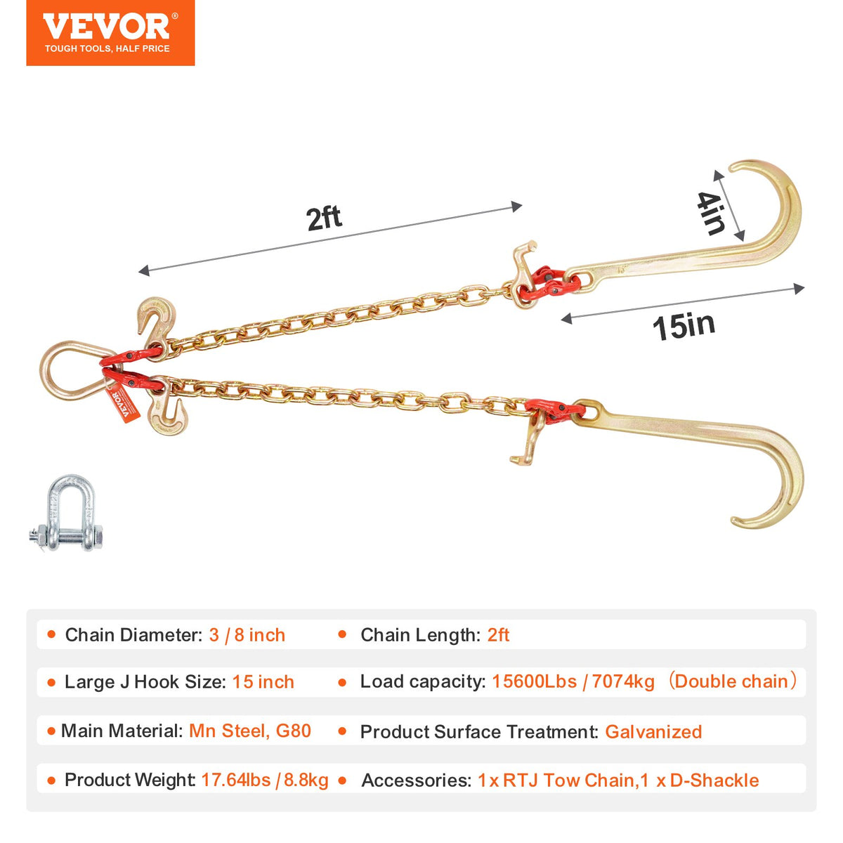 G80 V-kätting, 3/8" x 2' bogserkätting med 15" J-krokar, T-krokar och gripkrokar, dragkätting för kraftig transport med 7800 lbs säker arbetslast för bärgning av plattbäddslastbilar