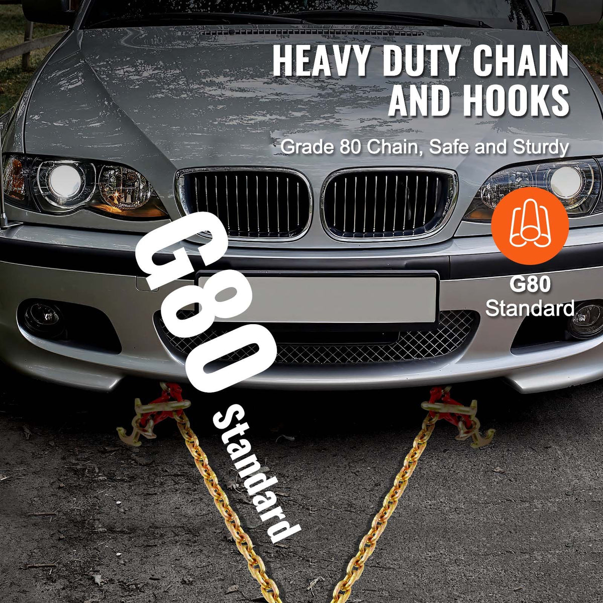 G80 V-kätting, 5/16" x 3' bogserkätting med R-krokar, T-krokar, J-krokar och gripkrokar, transportkätting med 10800 lbs säker arbetsbelastning för bärgning av lastbilar med plattbädd