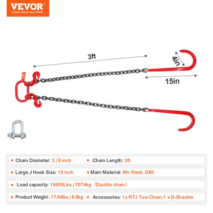 G80 V Bridle Chain, 3/8" x 3' Towing Chain Bridle with 15" J Hooks and Grab Hooks, Heavy Duty Transport Tow Chain Bridle with 7800 lbs Safe Working Load for Flatbed Trailer Wrecker Recovery