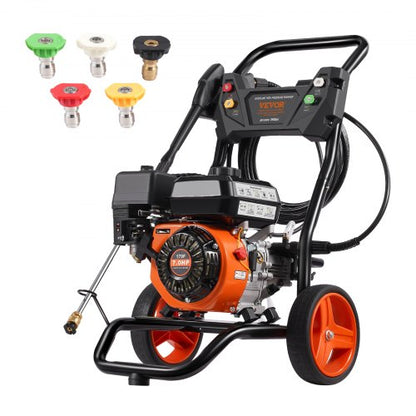 Gasdriven högtryckstvätt, 3400 PSI 2.6 GPM, bensindriven högtryckstvätt 10L/min med aluminiumpump, sprutpistol och förlängningsstav, 5-munstyckssats, för bilar, staket, hem, uppfarter, uteplatser, vertikal