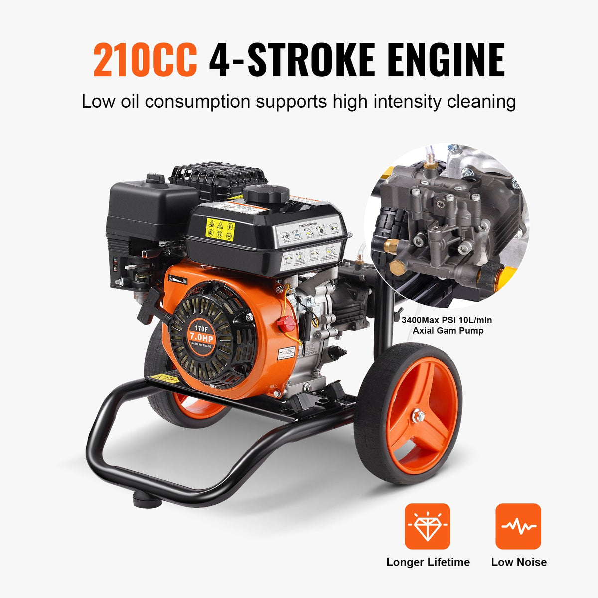 Gasdriven högtryckstvätt, 3400 PSI 2.6 GPM, bensindriven högtryckstvätt 10L/min med aluminiumpump, sprutpistol och förlängningsstav, 5-munstyckssats, för bilar, staket, hem, uppfarter, uteplatser, vertikal