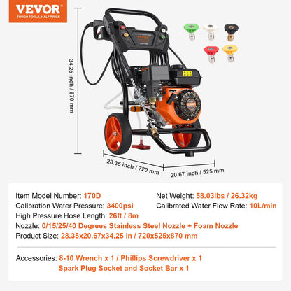 Gasdriven högtryckstvätt, 3400 PSI 2.6 GPM, bensindriven högtryckstvätt 10L/min med aluminiumpump, sprutpistol och förlängningsstav, 5-munstyckssats, för bilar, staket, hem, uppfarter, uteplatser, vertikal