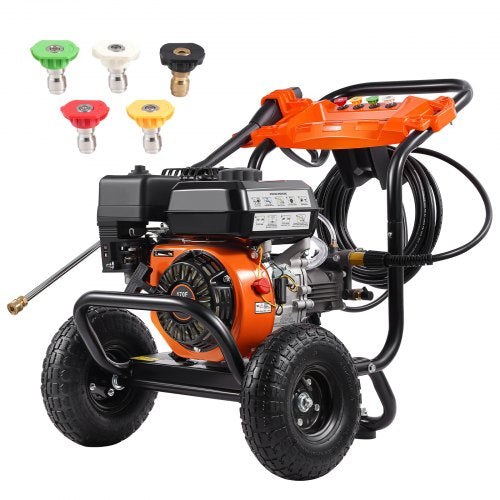 Gasdriven högtryckstvätt, 3500 PSI 10L/min, 2.6 GPM bensindriven högtryckstvätt med aluminiumpump, sprutpistol och förlängningsstav, 5-munstyckssats, för bilar, staket, hem, uppfarter, uteplatser, möbler