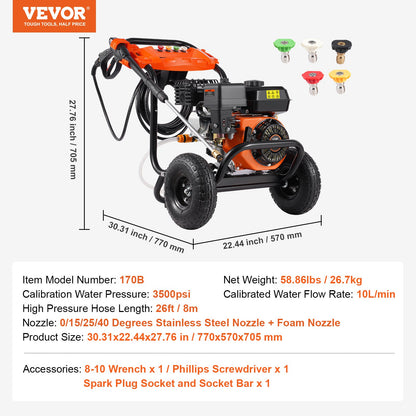 Gasdriven högtryckstvätt, 3500 PSI 10L/min, 2.6 GPM bensindriven högtryckstvätt med aluminiumpump, sprutpistol och förlängningsstav, 5-munstyckssats, för bilar, staket, hem, uppfarter, uteplatser, möbler