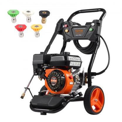 Gasdriven högtryckstvätt, 3950 PSI 10L/min, 2.6 GPM bensindriven högtryckstvätt med kopparpump, sprutpistol och förlängningsstav, 5-munstyckssats, för bilar, staket, hem, uppfarter, uteplatser, vertikal