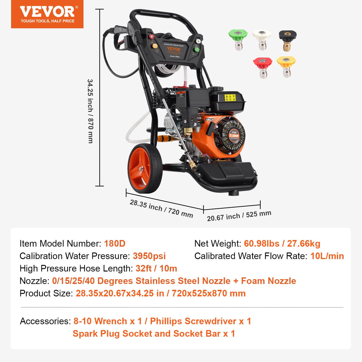 Gasdriven högtryckstvätt, 3950 PSI 10L/min, 2.6 GPM bensindriven högtryckstvätt med kopparpump, sprutpistol och förlängningsstav, 5-munstyckssats, för bilar, staket, hem, uppfarter, uteplatser, vertikal