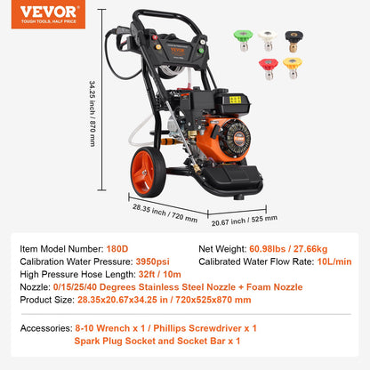 Gasdriven högtryckstvätt, 3950 PSI 10L/min, 2.6 GPM bensindriven högtryckstvätt med kopparpump, sprutpistol och förlängningsstav, 5-munstyckssats, för bilar, staket, hem, uppfarter, uteplatser, vertikal