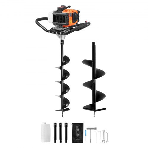 Stolphålsgrävare bensindriven, 52cc 1450W jordborr, bensindriven jordborr med 6” och 10” borrbits och 3 förlängningsstänger, stolphålsgrävare för jordbruksträdgårdsväxter, orange+svart