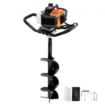 Stolphålsgrävare bensindriven, 43CC 1250W jordborr, bensindriven jordborr med 8” borrbitar, stolphålsgrävare för jordbruksträdgårdsväxter, orange+svart