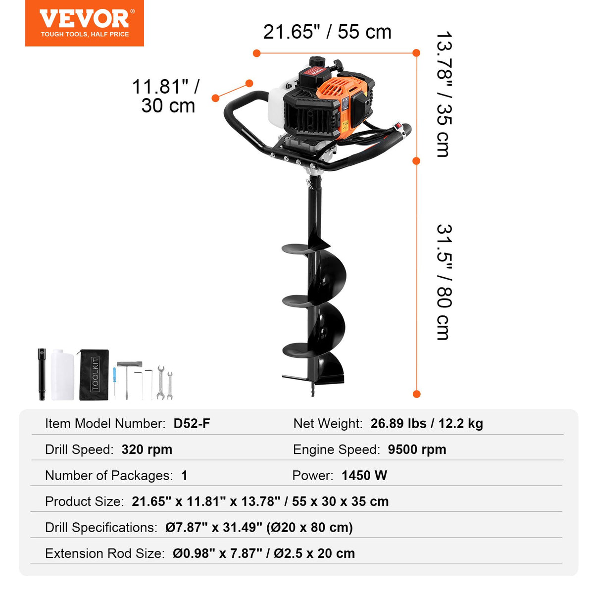 Bensindriven jordborr, 52CC 1450W, bensindriven jordborr med 8” borrbits och 1 förlängningsstång, hålborr för stolpstaket för jordbruksträdgårdsväxter, orange+svart