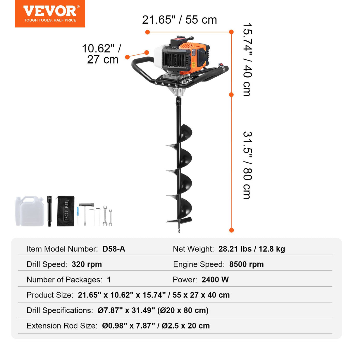 Bensindriven hålgrävare för stolpar 63CC 2400W med 20,3 cm borr och 1 förlängningsstång