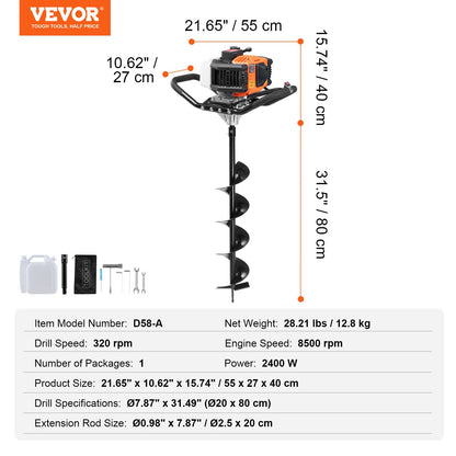 Bensindriven hålgrävare för stolpar 63CC 2400W med 20,3 cm borr och 1 förlängningsstång