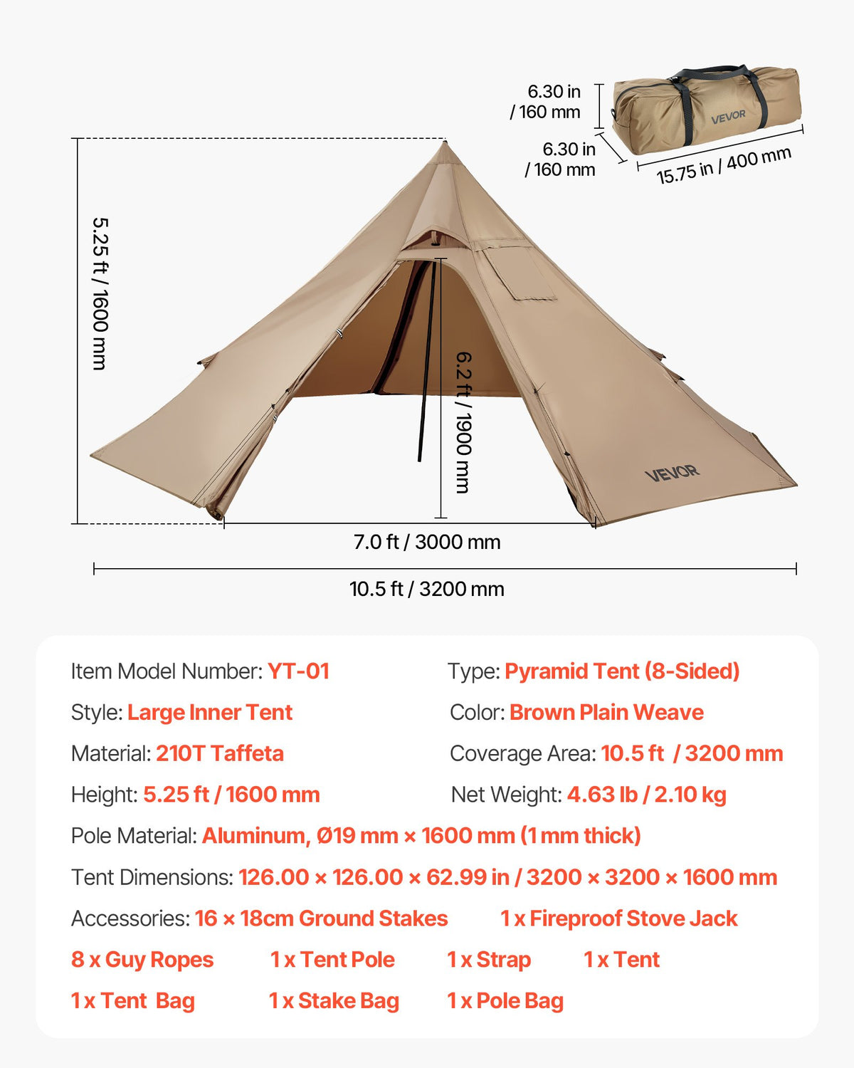 Hot Tent for 2 Persons, Portable Winter Tipi Tent with Stove Jack, Waterproof Canvas Camping Tents, Lightweight 4 Season Shelter Tents for Hiking Fishing Backpacking, S Size