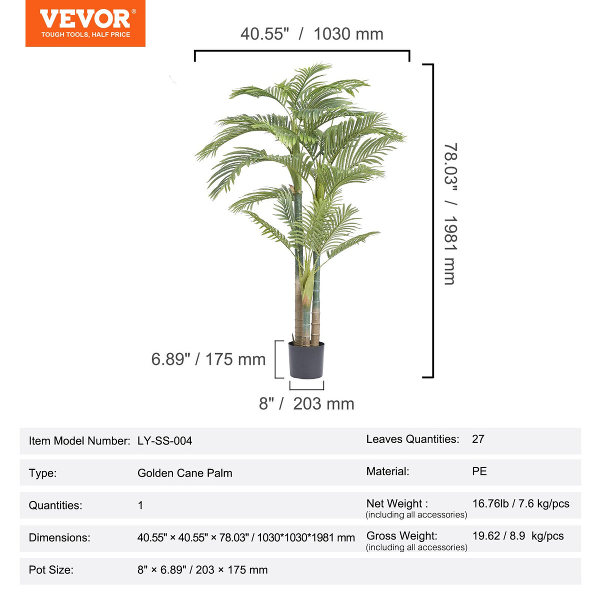 Konstgjord guldpalm, 2 m hög konstgjord växt, PE-material och tippskydd, lättskött växt, naturtroget grönt konstgjord träd för hemmakontor, lagerinredning, inomhus- och utomhusbruk