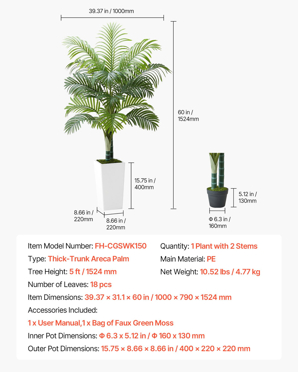 Konstgjord Arecapalm 1524 mm, Konstgjord Palm Tropiska Växter med Vit Hög Kruka, Konstgjord Golvsilkesväxt i Kruka, Stora Träd för Hemmakontor Vardagsrumsinredning Inflyttningsrum, Inomhus Utomhus