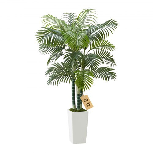 Konstgjord Arecapalm 1829 mm, Konstgjord Palm Tropiska Växter med Vit Hög Kruka, Konstgjord Golvsilkesväxt i Kruka, Stora Träd för Hemmakontor Vardagsrumsinredning Inflyttningsrum, Inomhus Utomhus