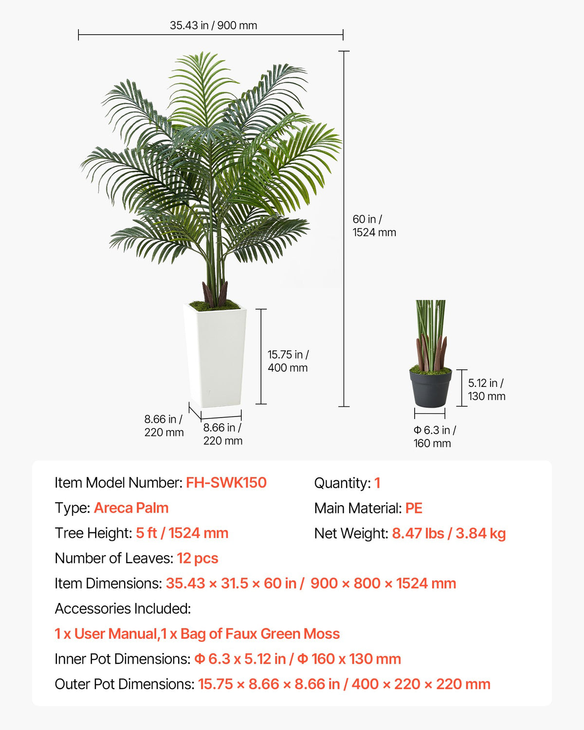 Konstgjord Arecapalm 1524 mm, Konstgjord Palm Tropiska Växter med Vit Hög Kruka, Konstgjord Golvsilkesväxt i Kruka, Stora Träd för Hemmakontor Vardagsrumsinredning Inflyttningsrum, Inomhus Utomhus