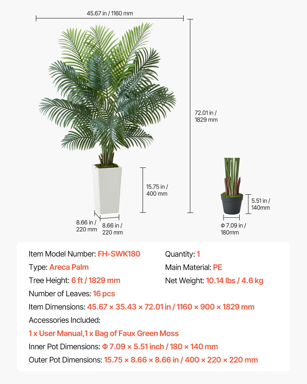 Konstgjord Arecapalm 1829 mm, Konstgjord Palm Tropiska Växter med Vit Hög Kruka, Konstgjord Golvsilkesväxt i Kruka, Stora Träd för Hemmakontor Vardagsrumsinredning Inflyttningsrum, Inomhus Utomhus