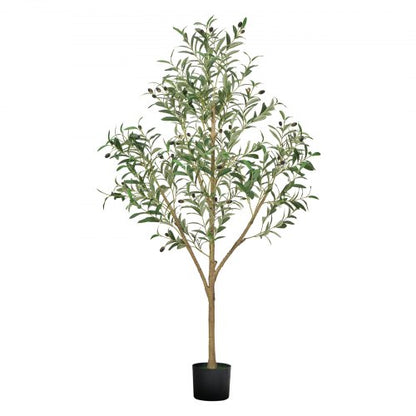 150 cm konstgjort olivträd med svart kruka, högt konstgjort träd med naturlig trästam och realistiska gröna blad och frukter, konstgjord inomhusväxt för hem, kontor, vardagsrum, hörndekor